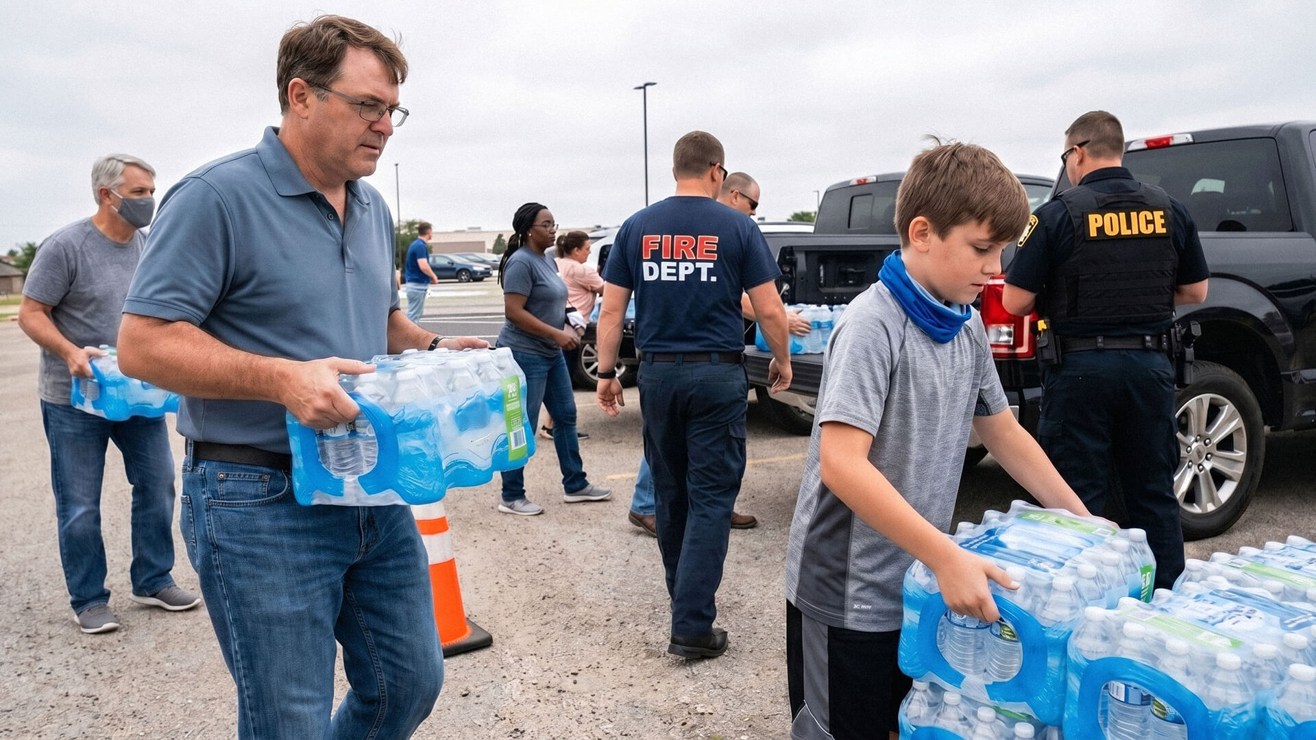 Un padre y un hijo que llevan cajas de agua